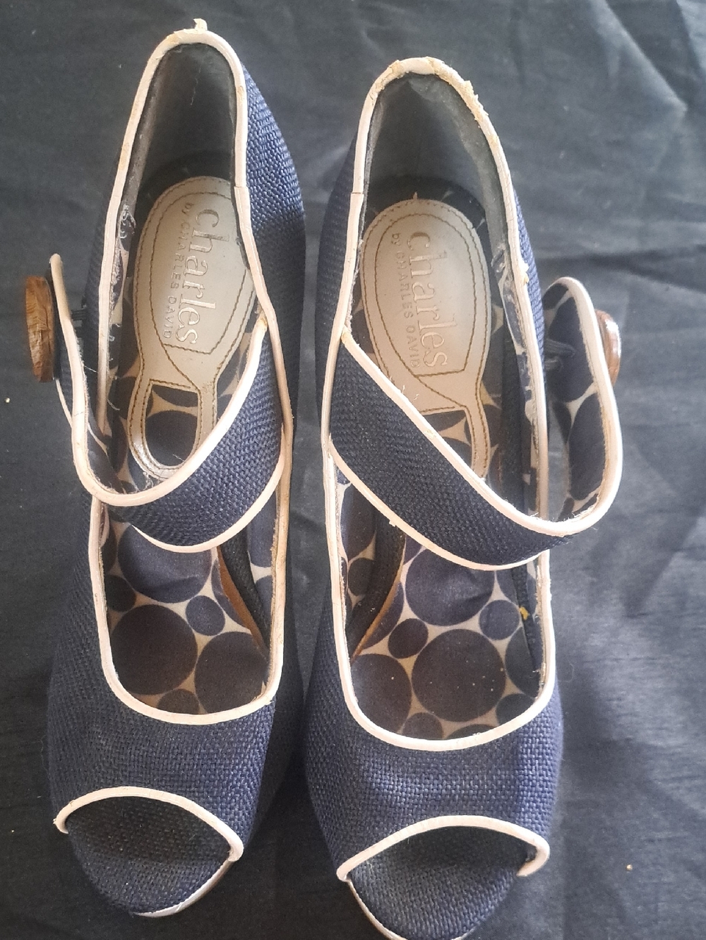 Charles by Charles David Navy Peep-Toe Mary Jane Wedges with Cream Trim